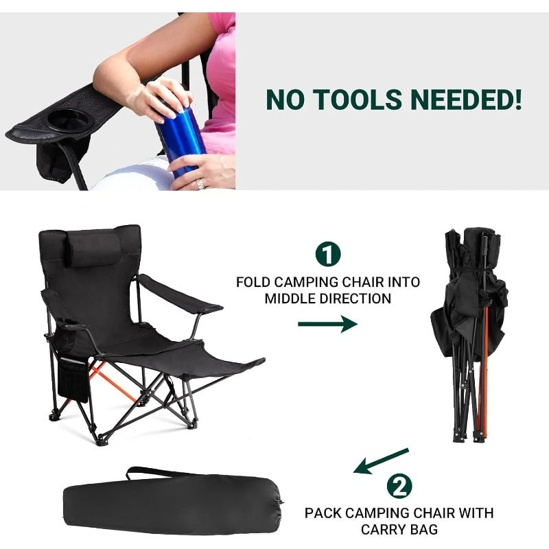 Folding Camping Chairs 2-Pack with Foot Rest & Carry Bag