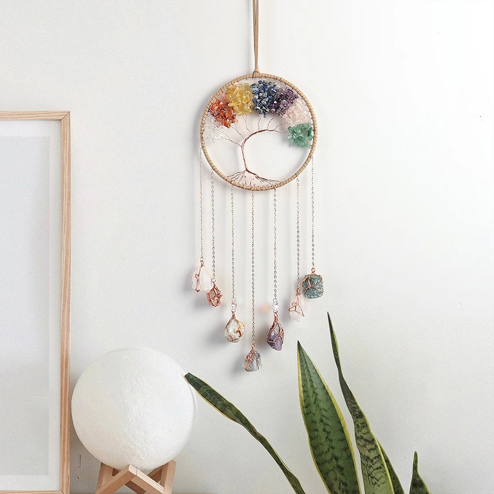 7 Chakra Tree of Life  Moon Dream catchers Crystal Stone Rainbow  Natural Gemstones Suncatcher Hanging Home Room Wall Decoration