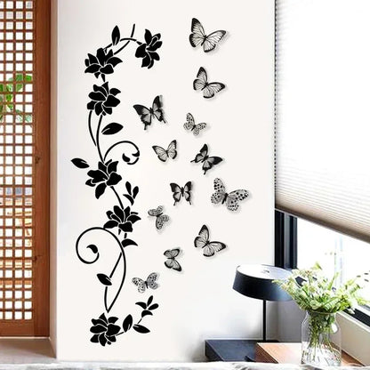 Creative 3D Butterfly Wall Sticker Black Flowers Vine Strips Living Room Background Room Wall Sticker Dark Style Home Decoration