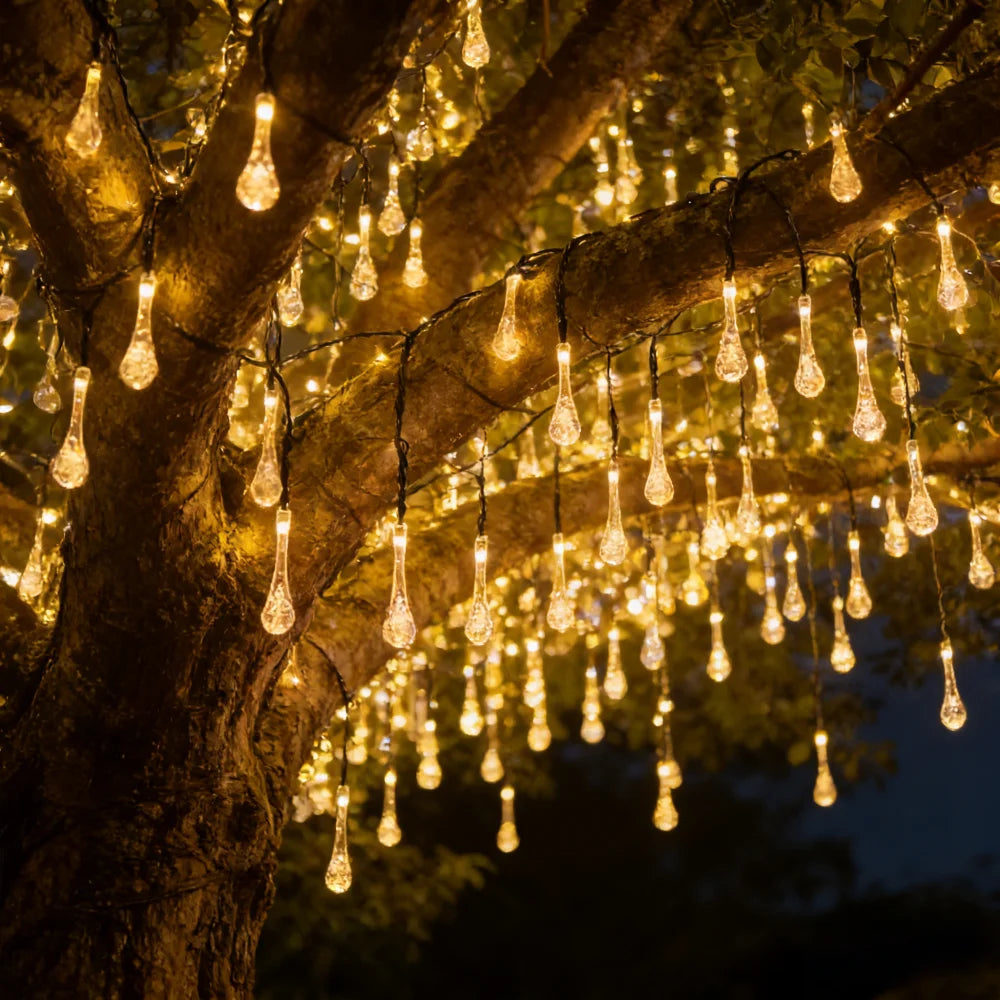 1PC 20/30/50/100LED Solar Water Drop LED String Lights - Waterproof Outdoor Fairy Lights for Garden Patio Wedding Party