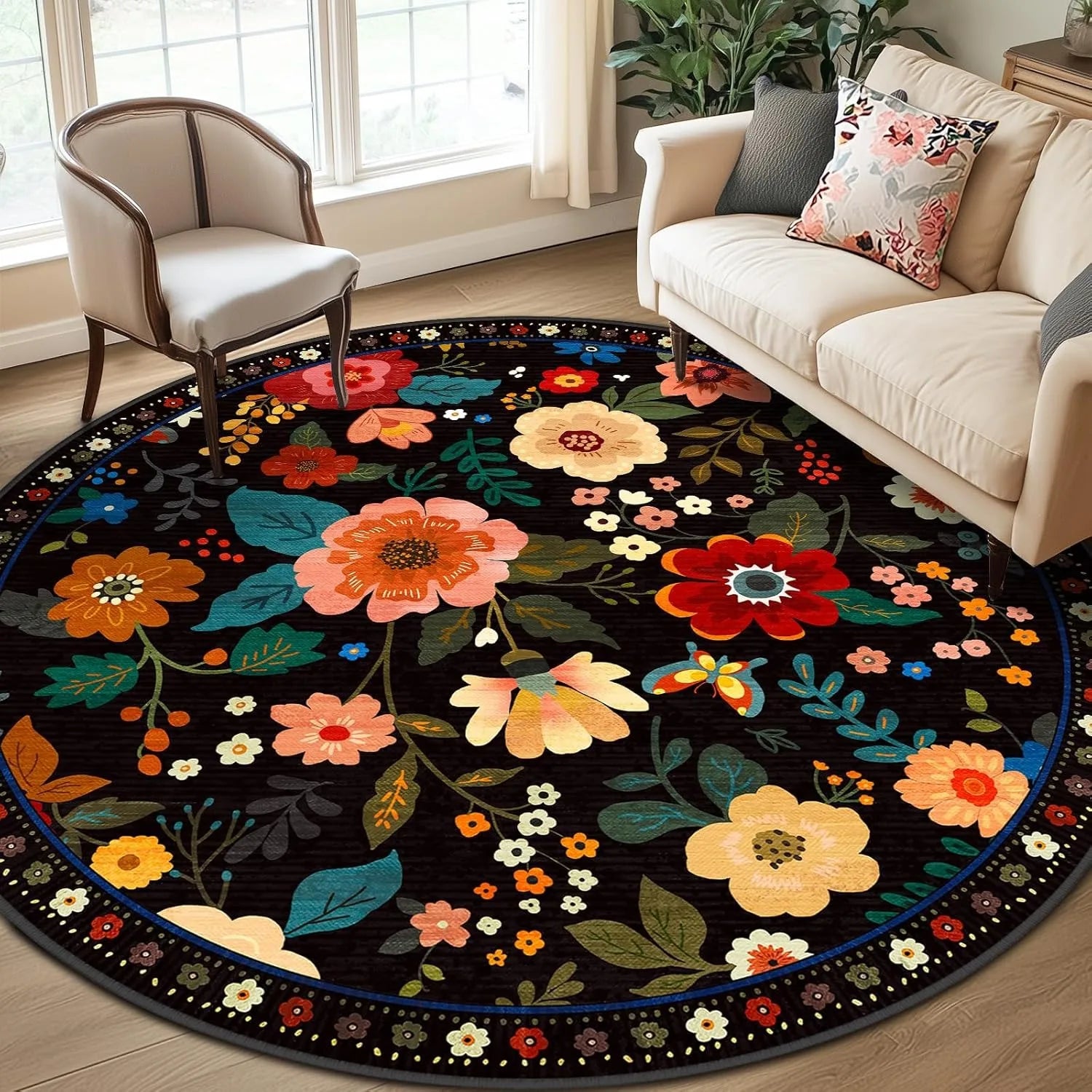 Boho Floral Round Area Rug - Colorful Folk Art Design