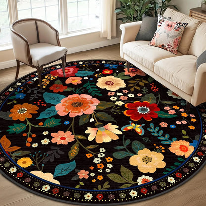 Boho Floral Round Area Rug - Colorful Folk Art Design
