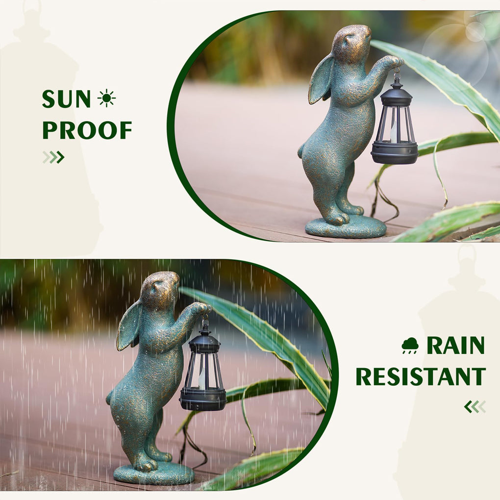 Garden Statues Rabbit Figurines with Solar Lantern - Outdoor Decor