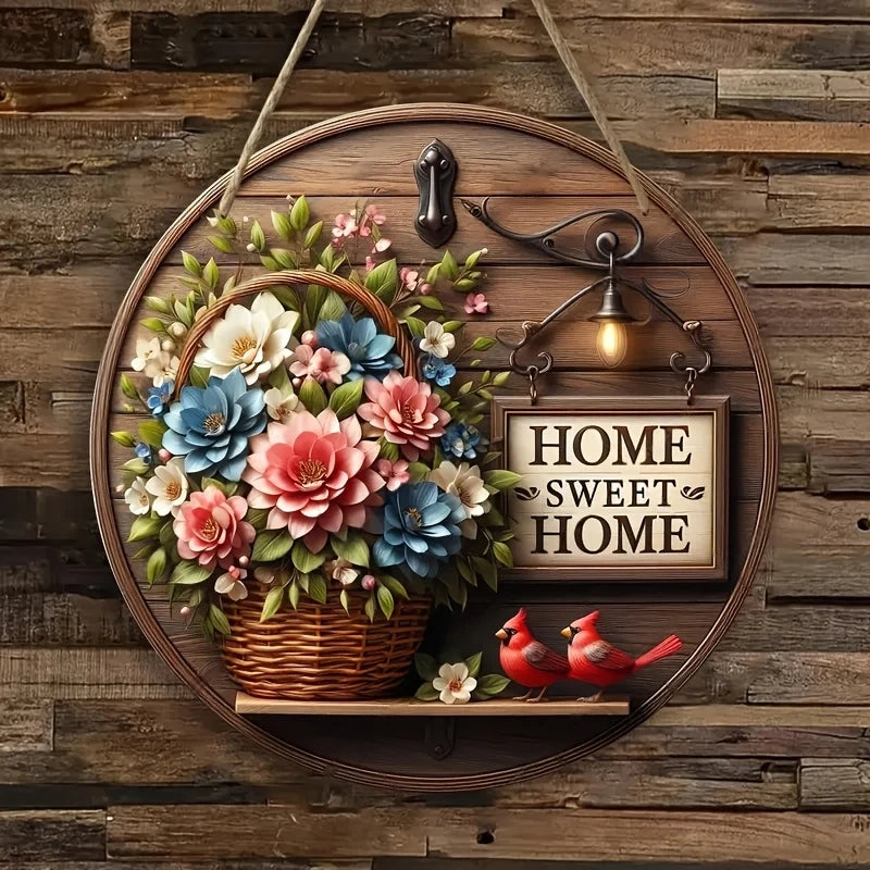 2D Spring Floral Wreath Wooden round Wall Art 8 Inch Extra Decor for Bar Cafe Beach House Backyard - Decorative Ruler Theme