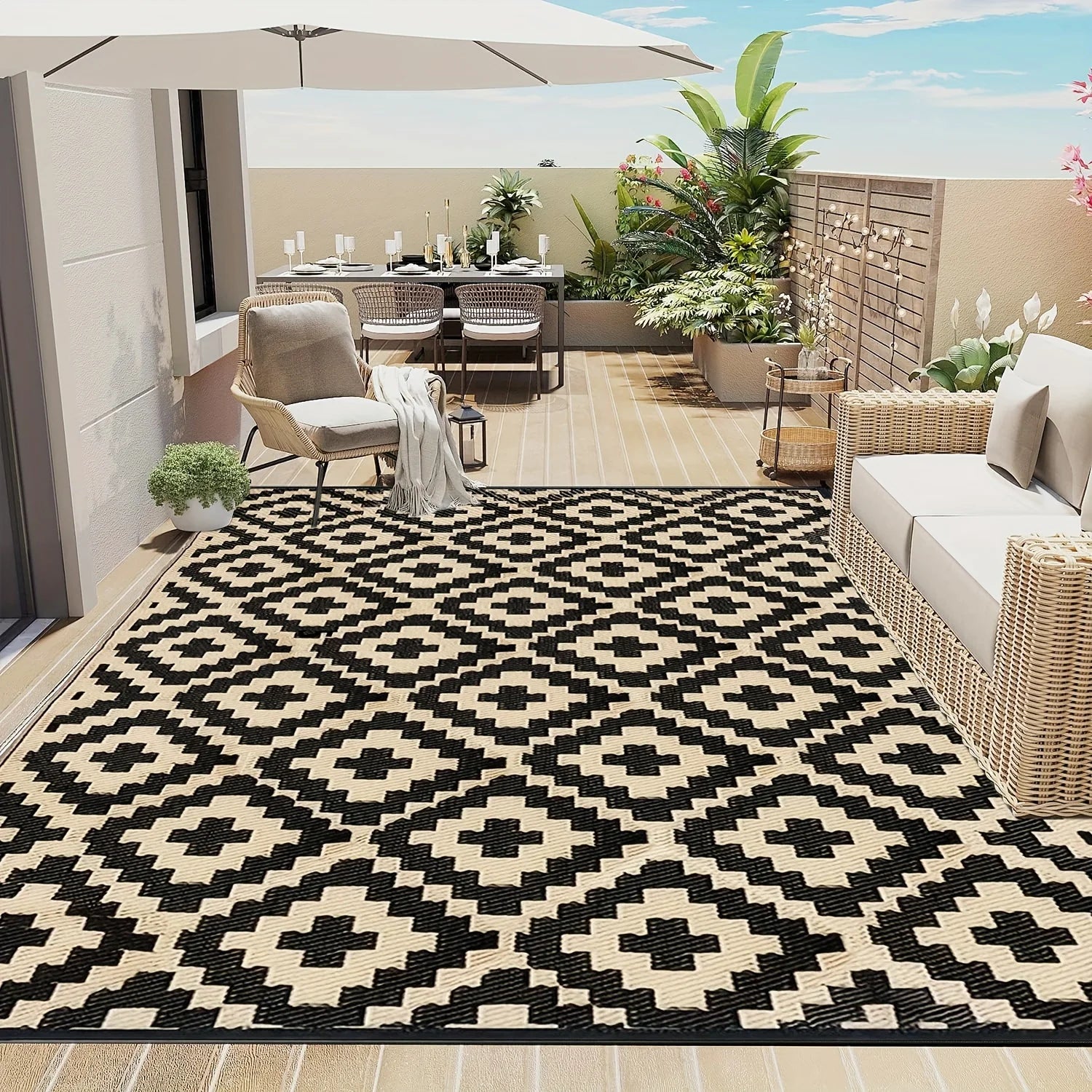 Bohemian Beach Mat: Waterproof Reversible Outdoor Carpet