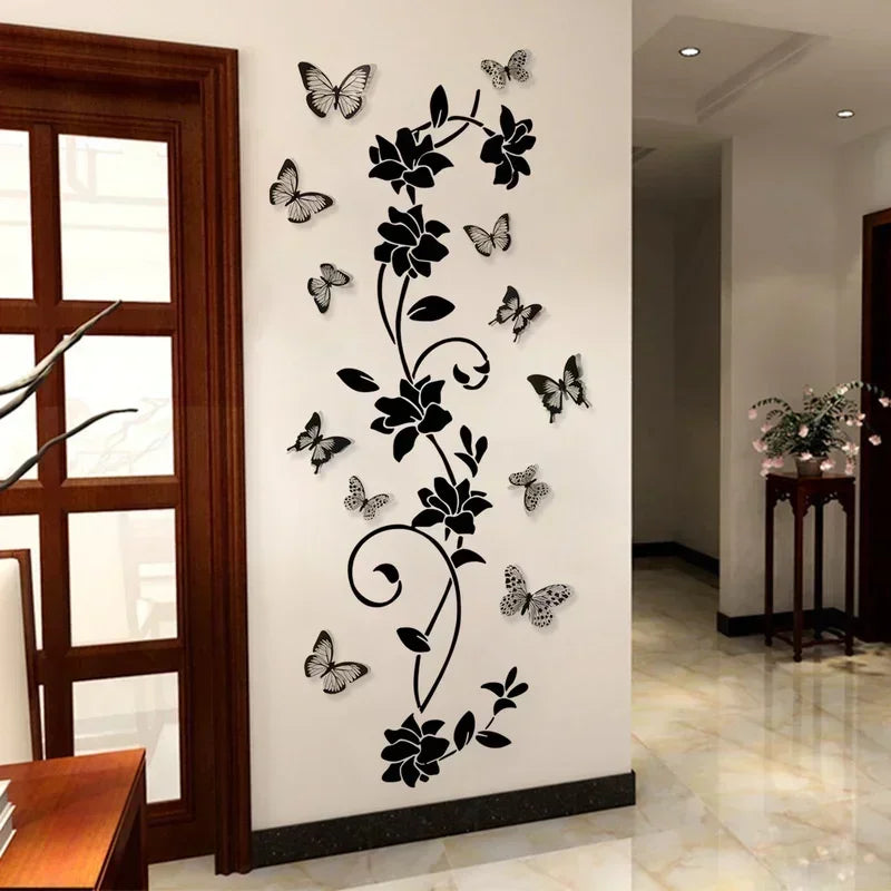 Creative 3D Butterfly Wall Sticker Black Flowers Vine Strips Living Room Background Room Wall Sticker Dark Style Home Decoration