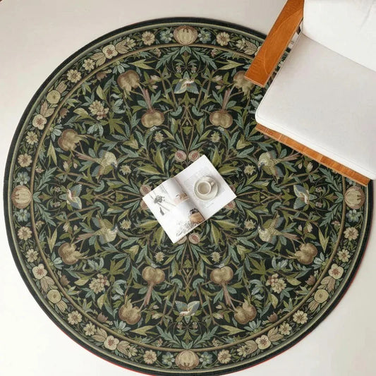 Cottagecore Aesthetic Home Decor Bird Pomegranate Round Rug Vintage Botanical Floral Soft Non-Slip Carpet for Living Room