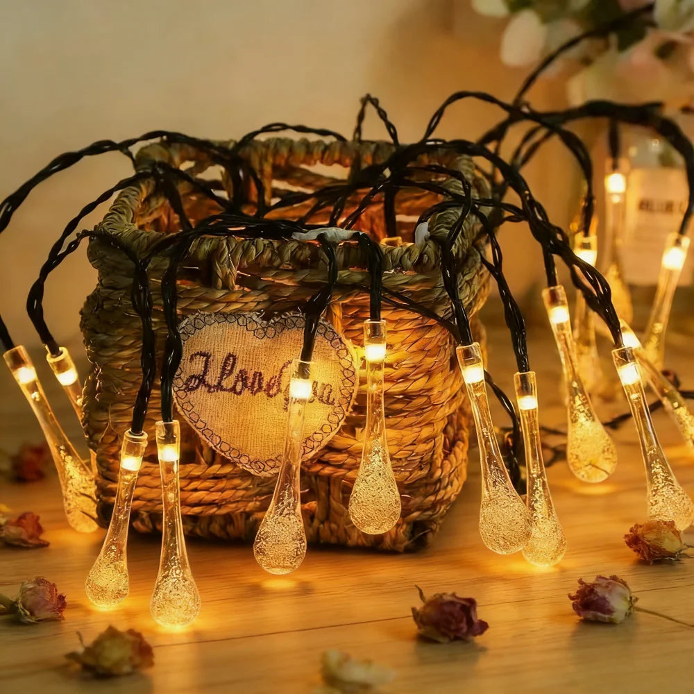 1PC 20/30/50/100LED Solar Water Drop LED String Lights - Waterproof Outdoor Fairy Lights for Garden Patio Wedding Party