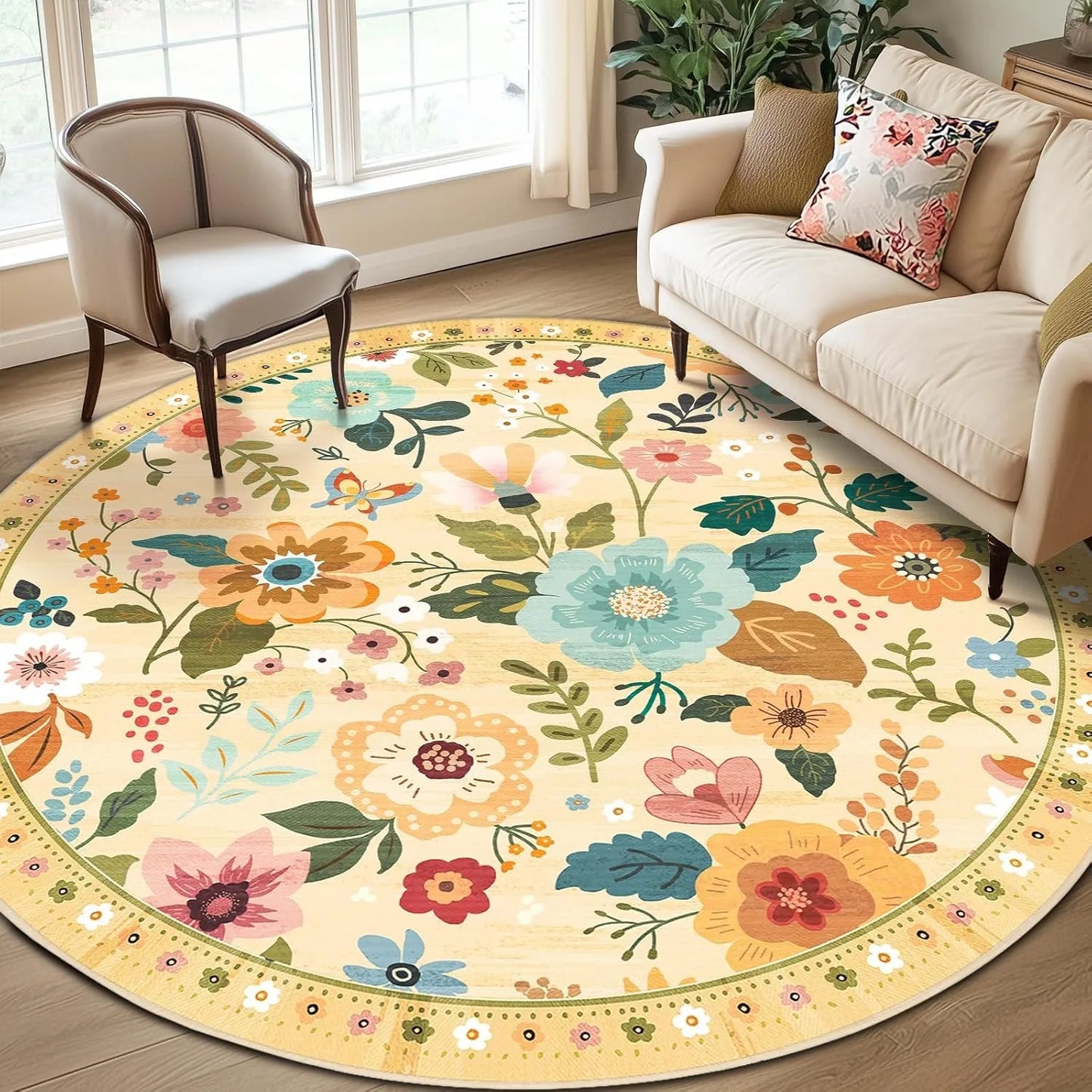 Boho Floral Round Area Rug - Colorful Folk Art Design