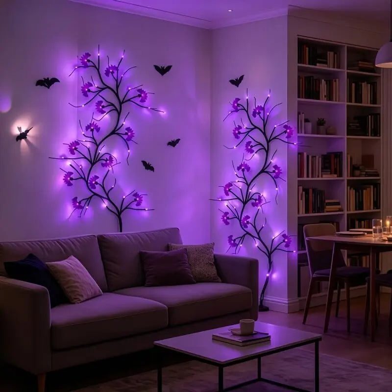 Halloween 48led Purple Bat Tree Lights Usb Powered Outdoor Horror Decorations For Garden Courtyard Terrace Haunted House Decor