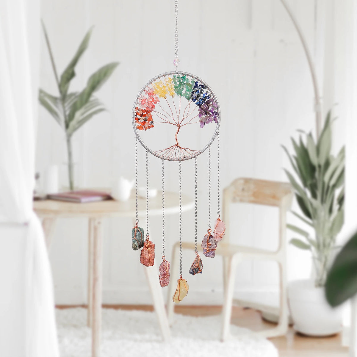 7 Chakra Tree of Life  Moon Dream catchers Crystal Stone Rainbow  Natural Gemstones Suncatcher Hanging Home Room Wall Decoration