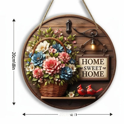 2D Spring Floral Wreath Wooden round Wall Art 8 Inch Extra Decor for Bar Cafe Beach House Backyard - Decorative Ruler Theme