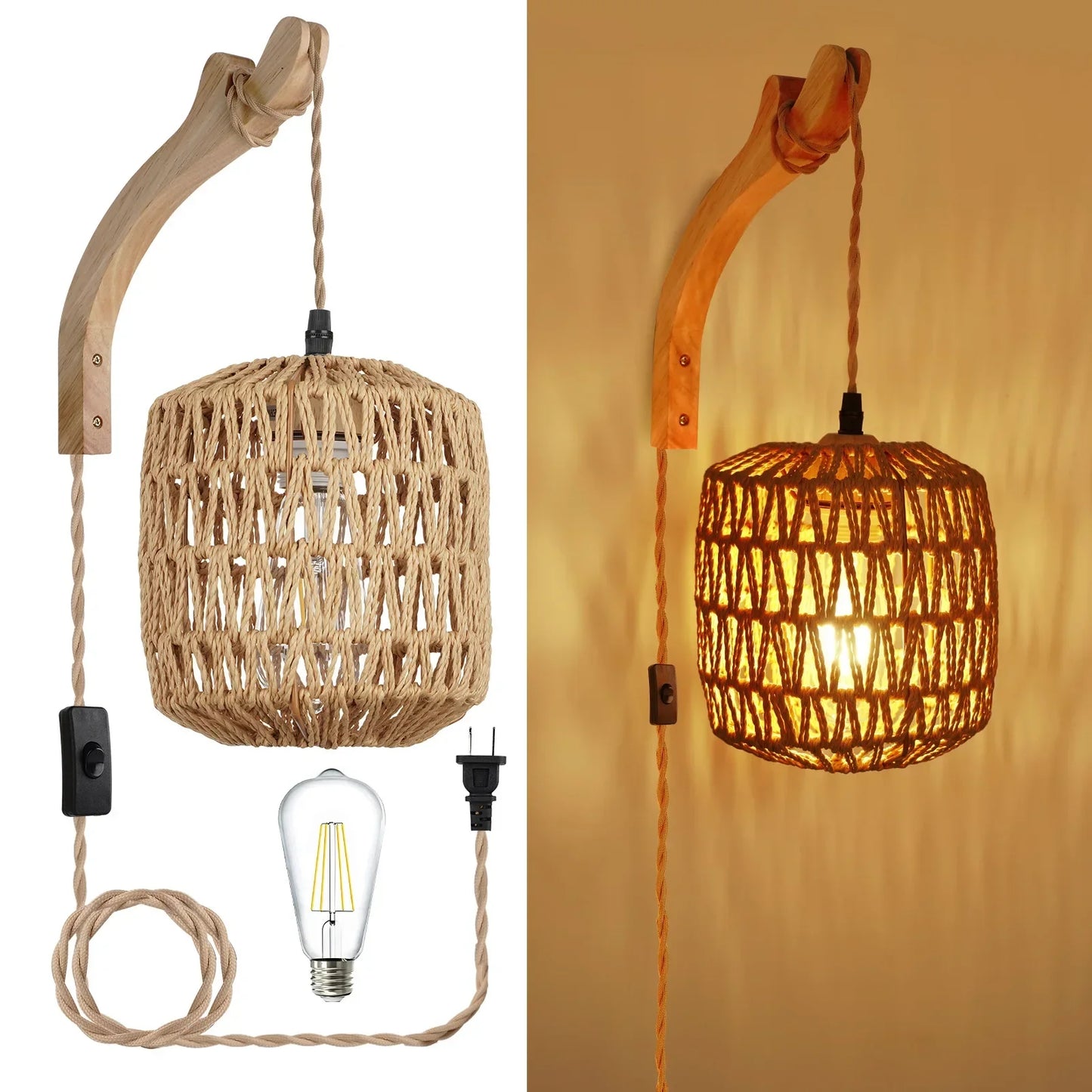 Led Rattan Wall Lamp Woven Light Bedside Lamps E27 Retro Hemp Rope Lights Interior Decoration Fixtures