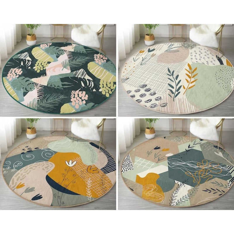 Tropical Leaf Round Rug - Boho Non-Slip Carpet for Living Room