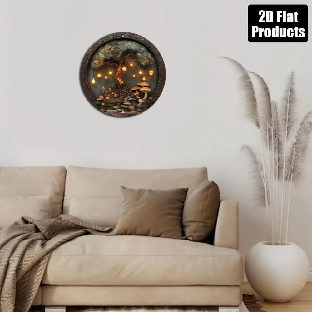 CIFBUY Enchanted Forest Tree Metal Sign Aluminum Mushroom Fairy Light Round Wall Art Decor Living Room Bedroom Hanging Plaque