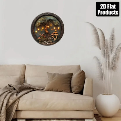 CIFBUY Enchanted Forest Tree Metal Sign Aluminum Mushroom Fairy Light Round Wall Art Decor Living Room Bedroom Hanging Plaque