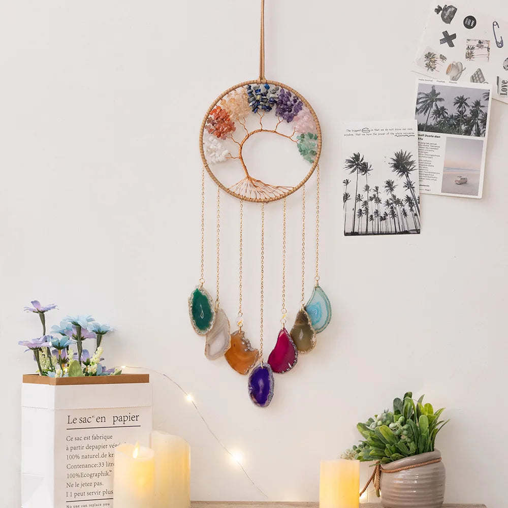 7 Chakra Tree of Life  Moon Dream catchers Crystal Stone Rainbow  Natural Gemstones Suncatcher Hanging Home Room Wall Decoration