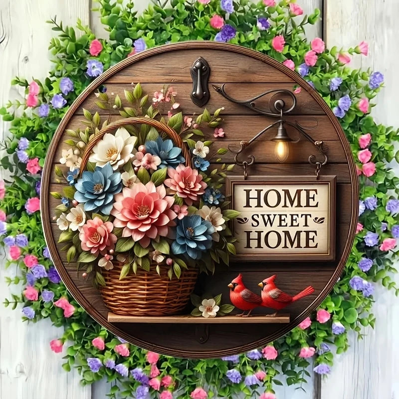 2D Spring Floral Wreath Wooden round Wall Art 8 Inch Extra Decor for Bar Cafe Beach House Backyard - Decorative Ruler Theme