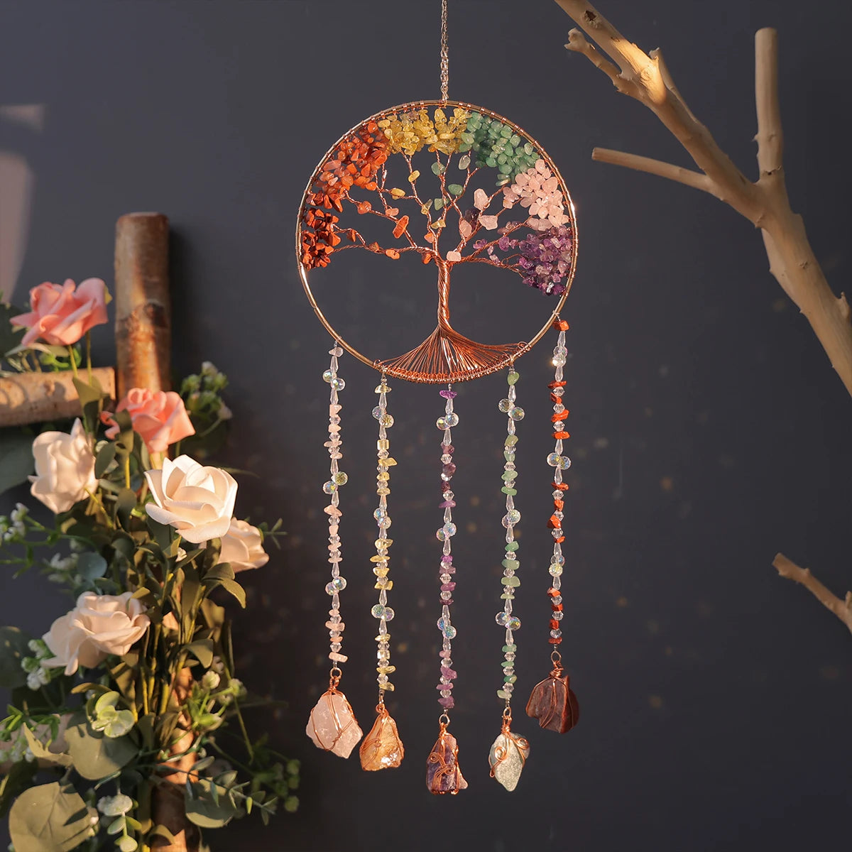 7 Chakra Tree of Life  Moon Dream catchers Crystal Stone Rainbow  Natural Gemstones Suncatcher Hanging Home Room Wall Decoration
