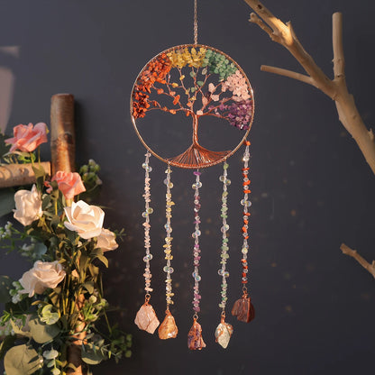 7 Chakra Tree of Life  Moon Dream catchers Crystal Stone Rainbow  Natural Gemstones Suncatcher Hanging Home Room Wall Decoration