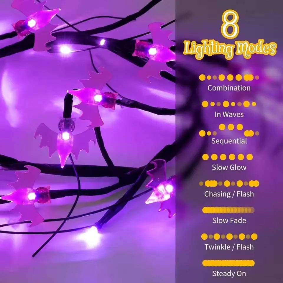 Halloween 48led Purple Bat Tree Lights Usb Powered Outdoor Horror Decorations For Garden Courtyard Terrace Haunted House Decor