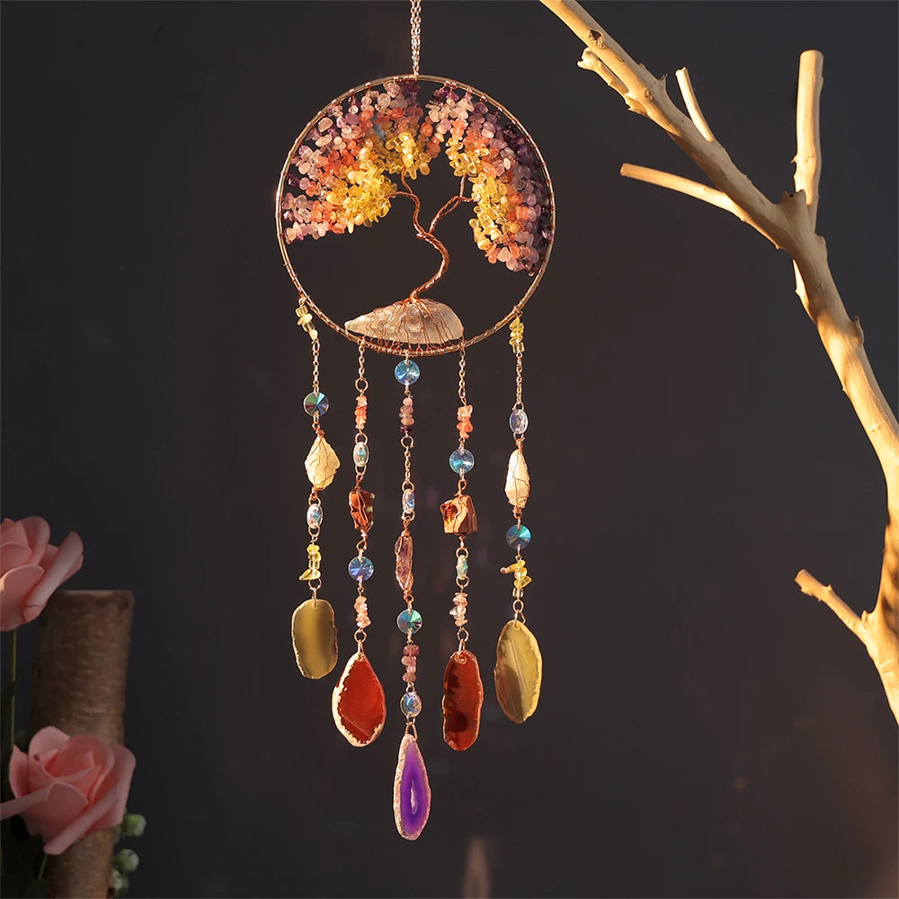 7 Chakra Tree of Life  Moon Dream catchers Crystal Stone Rainbow  Natural Gemstones Suncatcher Hanging Home Room Wall Decoration