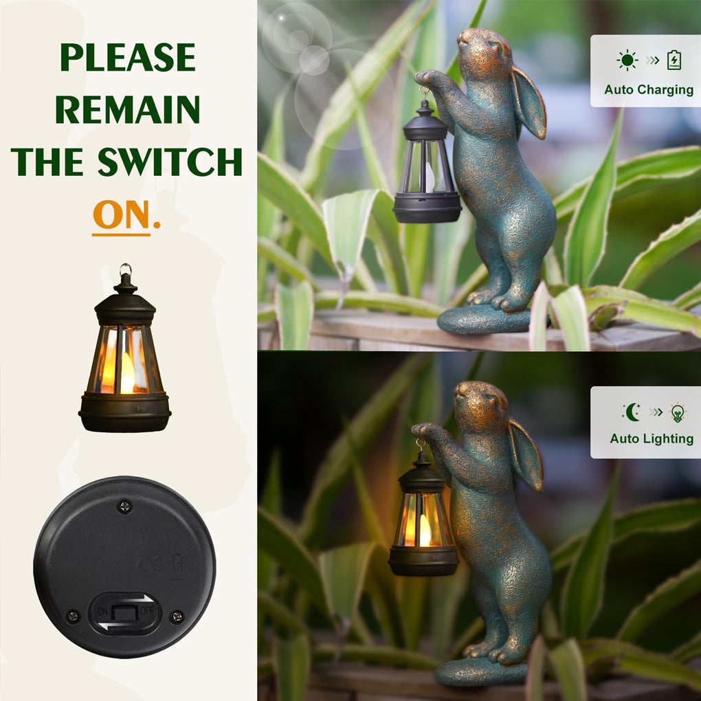 Garden Statues Rabbit Figurines with Solar Lantern - Outdoor Decor