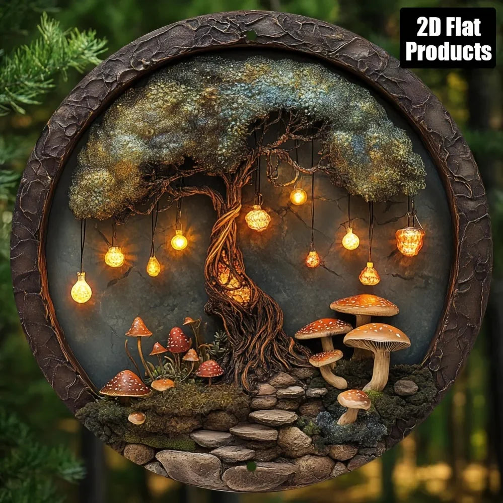 CIFBUY Enchanted Forest Tree Metal Sign Aluminum Mushroom Fairy Light Round Wall Art Decor Living Room Bedroom Hanging Plaque