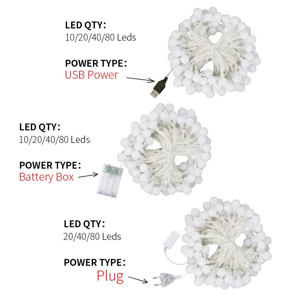 USB/Battery Powered LED Ball Wreath String Light Fairy Outdoor Light Birthday Wedding Home Festival Party Camping Light Decorati