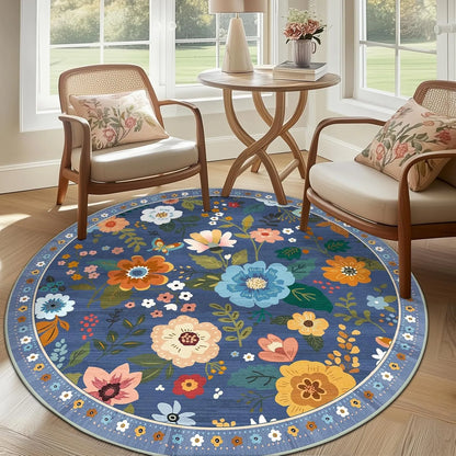 Boho Floral Round Area Rug - Colorful Folk Art Design