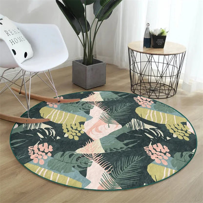 Tropical Leaf Round Rug - Boho Non-Slip Carpet for Living Room