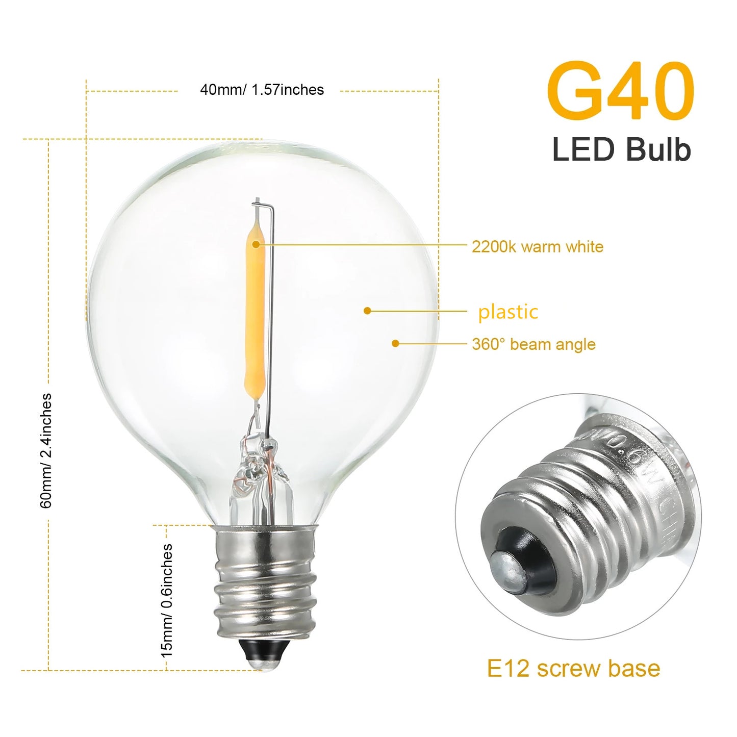 Vintage String Lights: G40 LED Bulb Shatterproof Edison Warm Light