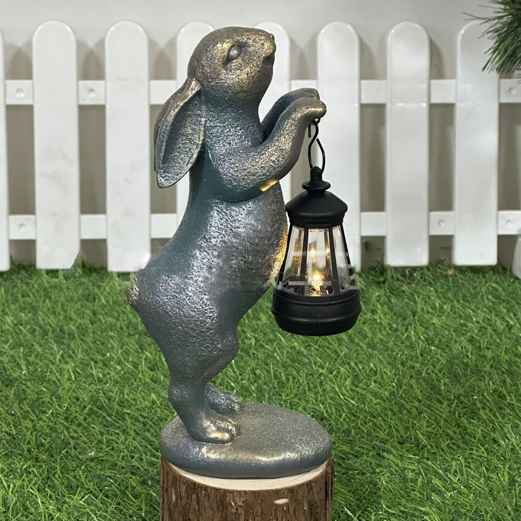 Garden Statues Rabbit Figurines with Solar Lantern - Outdoor Decor