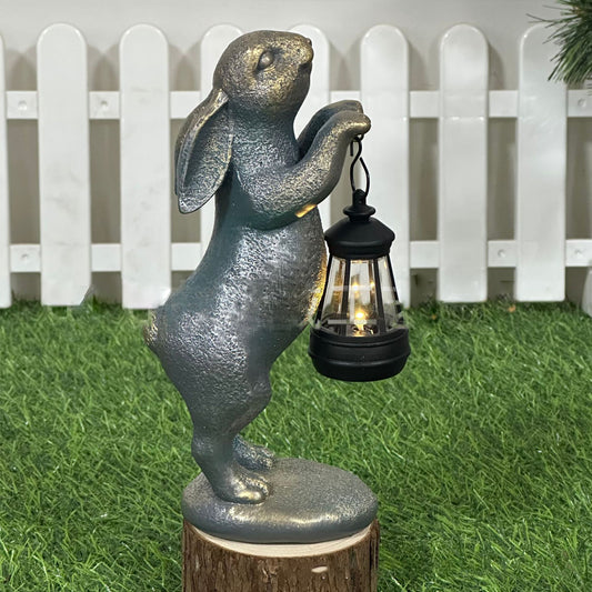 Garden Statues Rabbit Figurines with Solar Lantern - Outdoor Decor