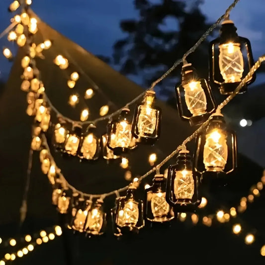 Vintage Kerosene Lantern LED String Lights, Fairy Lights for Outdoor Camping, Patio, Garden, Halloween Decor（Battery Powered）
