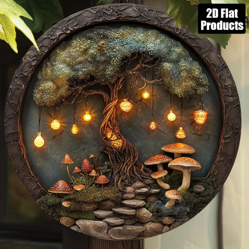 CIFBUY Enchanted Forest Tree Metal Sign Aluminum Mushroom Fairy Light Round Wall Art Decor Living Room Bedroom Hanging Plaque