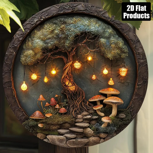 CIFBUY Enchanted Forest Tree Metal Sign Aluminum Mushroom Fairy Light Round Wall Art Decor Living Room Bedroom Hanging Plaque
