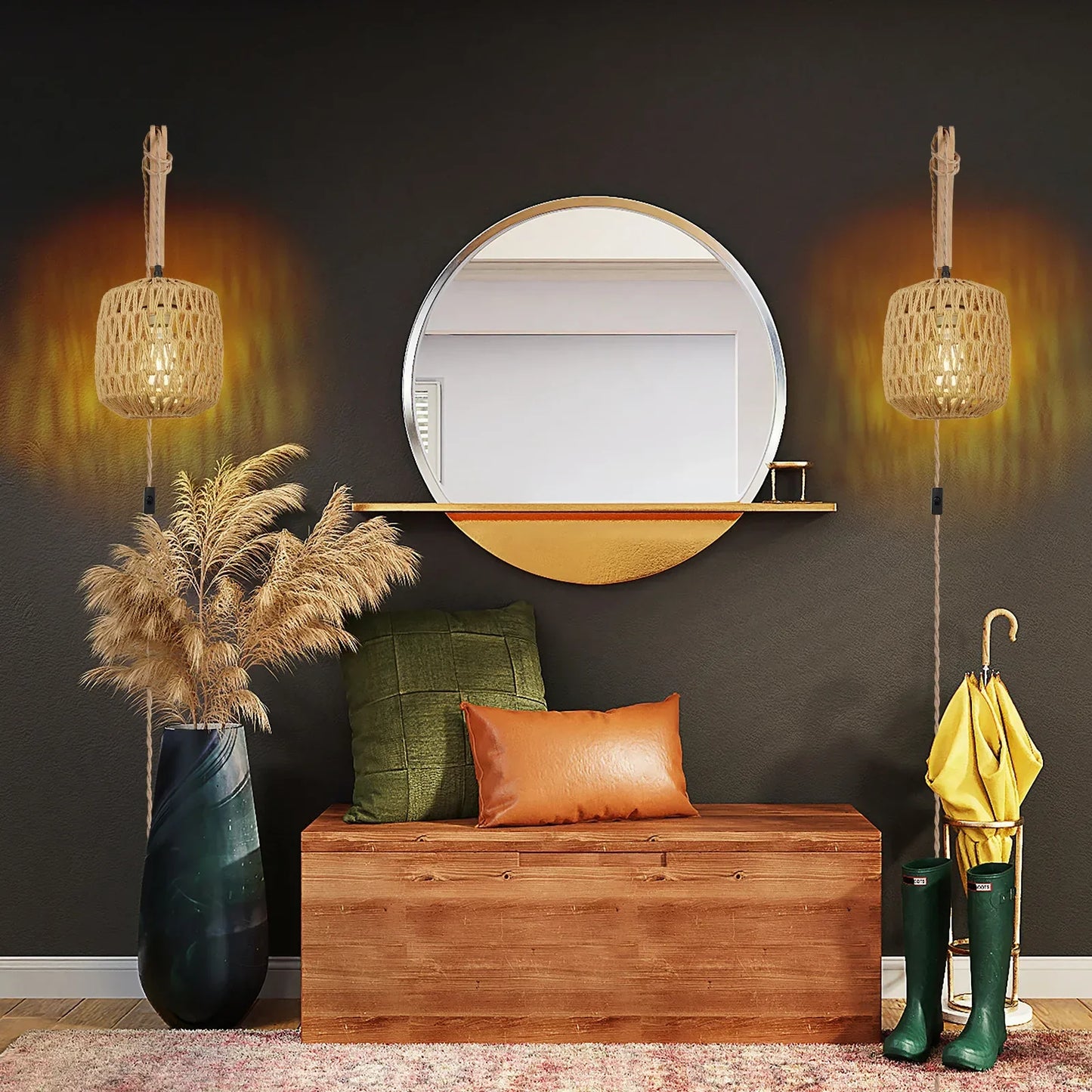 Led Rattan Wall Lamp Woven Light Bedside Lamps E27 Retro Hemp Rope Lights Interior Decoration Fixtures