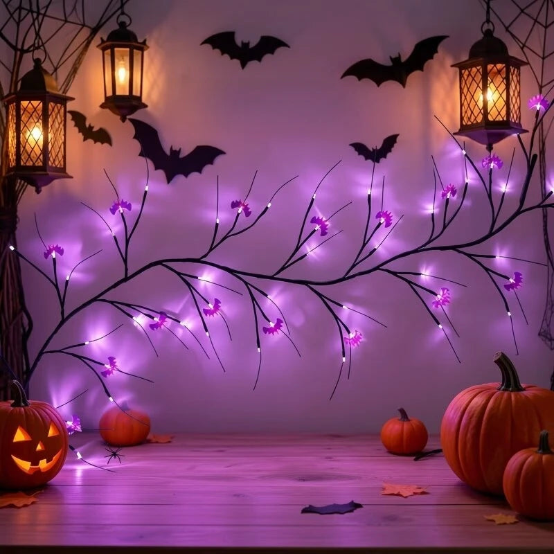 Halloween 48led Purple Bat Tree Lights Usb Powered Outdoor Horror Decorations For Garden Courtyard Terrace Haunted House Decor