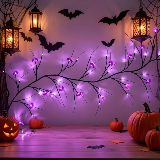 Halloween 48led Purple Bat Tree Lights Usb Powered Outdoor Horror Decorations For Garden Courtyard Terrace Haunted House Decor