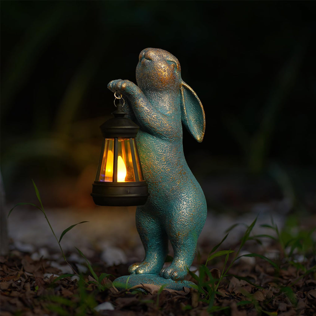 Garden Statues Rabbit Figurines with Solar Lantern - Outdoor Decor