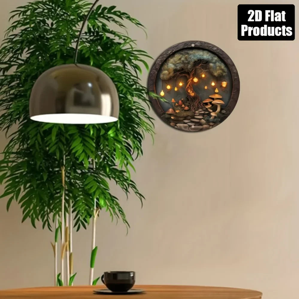 CIFBUY Enchanted Forest Tree Metal Sign Aluminum Mushroom Fairy Light Round Wall Art Decor Living Room Bedroom Hanging Plaque