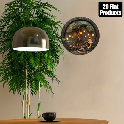CIFBUY Enchanted Forest Tree Metal Sign Aluminum Mushroom Fairy Light Round Wall Art Decor Living Room Bedroom Hanging Plaque