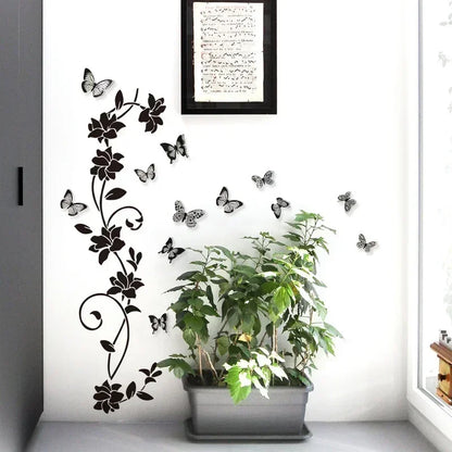 Creative 3D Butterfly Wall Sticker Black Flowers Vine Strips Living Room Background Room Wall Sticker Dark Style Home Decoration